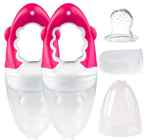 dentistar Baby Fruchtsauger 2er Set - für Obst & Gemüse - ab 6+ Monate - 5-teiliges Set (Schutzkappe, Silikonsauger, Netz, Schraubring, Griff) – BPA frei – Rosa