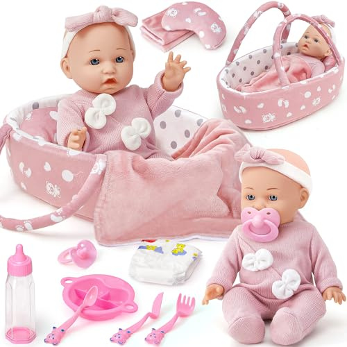vamei Puppenzubehör Puppen Zubehör mit Puppenbett Puppenwindeln | 30cm Puppen, Tragbares, Geschenk für Mädchen Junge ab 3 Jahren, Rollenspiel Spielzeug