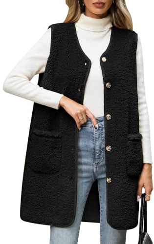 RITOSTA Teddy Fleece Weste Damen Lang Fleeceweste Herbst Winter Damenweste Warm Ärmellos Westen V-Ausschnitt Fellweste Leicht Lässig Plüschweste Knöpfen Teddyjacke Mit Taschen