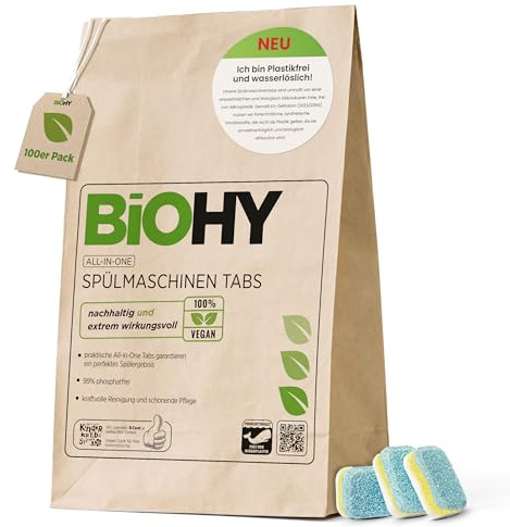 BiOHY All-in-One Spülmaschinen Tabs (100 Tabs) | Phosphatfrei |Für die tägliche Reinigung von Geschirr & Besteck | Gegen hartnäckigste Fett- & Essensreste | Kraftvolle Öko Geschirrspültabs