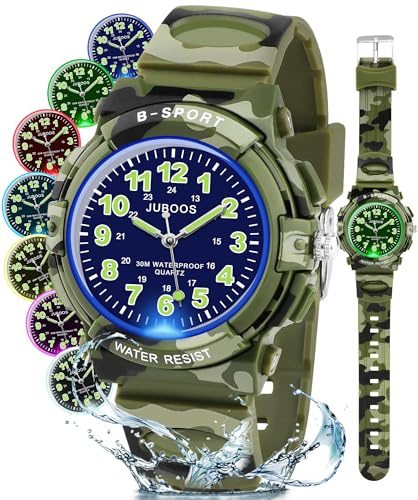 Juboos Kinderuhren Jungen Mädchen Analog Quarz 7 Farben 30M wasserdicht | Das flexible Kautschukarmband ist angenehm zu tragen und bestens für Outdoor und Sport von 5 bis 16 Jahren geeignet