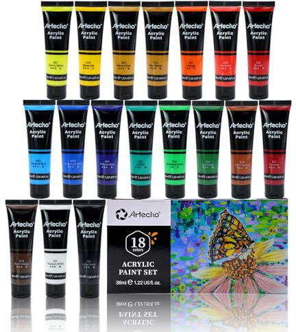 Artecho Acrylfarben Set 18 x 36 ml, Acrylic Paint Set, Wasserfest und Lichtecht, Schnell Trocknend, ideal für Leinwand, Papier und Stoffe, Geschenke zu Weihnachten und anderen Feiertagen