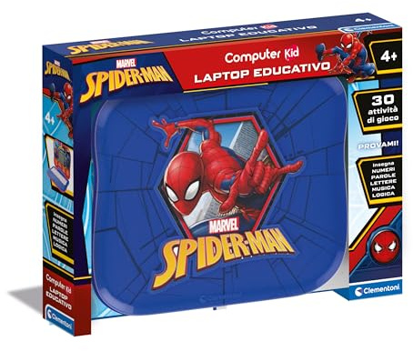Clementoni - Computer Kid Spiderman Lern-Laptop für Kinder ab 4 Jahren, 30 pädagogische Aktivitäten, elektronisches Spiel zum Lernen von Buchstaben, Zahlen, Musik und Logik, Batterien im Lieferumfang