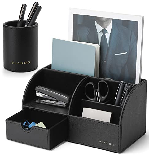 VLANDO Schreibtisch Organizer mit Stifthalter mit Schublade,für Bürobedarf | Geschenke für Ehemann oder Vater,PU Leder,Organizer schreibtisch für Tablet PC, Fernbedienung,Büro Organizer, Schwarz