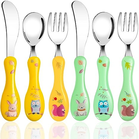 Kinderbesteck aus Edelstahl, 6-teilig, Babybesteck mit süßem Motiv, 2 x Gabeln, 2 x Löffel, 2 x Messer, Kinderbesteck mit rundem Griff für Jungen und Mädchen (gelb, grün)