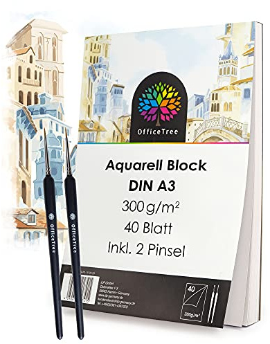 OfficeTree 40 x Aquarellpapier A3 300g - Aquarellblock mit Pinsel - Acrylpapier - Watercolor Paper A3 - Aquarell Papierblock für Aquarell Zeichnen Malen