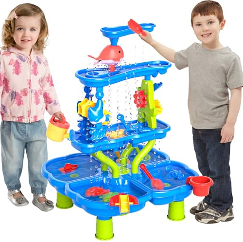 Doloowee Wasserspieltisch für Kinder, Sand und Wasser Tisch Spielzeug mit Zubehör, 4-Tier Aktivität-Tisch für Toddler, Sommer Strand Spielzeug für Kinder 2 3 4 5 Jahre Alt