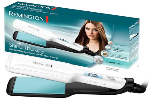 Remington Glätteisen breit Shine Therapy (hochwertige Keramikbeschichtung angereichert mit Mikrowirkstoffe für mehr Glanz -marokkanisches Arganöl & Vitamin E) LCD-Display, 150-230°C, Haarglätter S8550