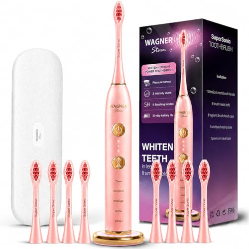 Wagner Stern WHITEN+ Edition. Intelligente elektrische Zahnbürste mit Drucksensor. 5 Putzmodi und 3 Intensitätsstufen, 8 weiche Bürstenköpfe, hochwertiges Reiseetui.