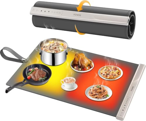 Warmhaltematte für Speisen, Speisenwärmer mit 4 Einstellbaren Temperaturen | 4-Stunden-Timer, elektrisch, große Fläche, tragbare & rollbare lebensmittelechtes Silikon, für Buffets, Partys & Zuhause