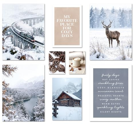 ARTFAVES® Poster Set - WINTER DREAMS - mehrteilige Wanddeko Wohnzimmer & Schlafzimmer - 8 moderne Wandbilder Schnee, Reh, Natur - ohne Bilderrahmen