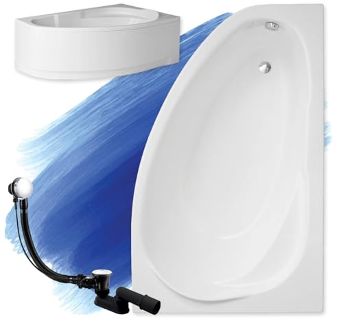 BADLAND Badewanne Original Weiß Acryl Wanne Eckbadewanne MAREA 150x100 Rechts KOMPLETTSET SET mit Weiß Acrylschürze + Füßen und Exklusive Chrom Automatik Ablaufgarnitur Made in EU 4in1