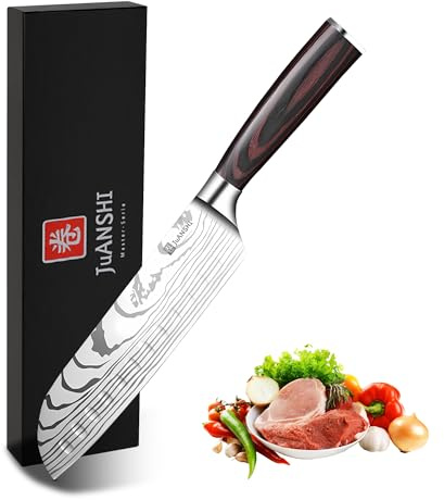 JUANSHI® Santoku Messer 18 cm, Profi Kochmesser aus Hochwertigem Edelstahl, Asiatisches Küchenmesser mit Pakkaholzgriff, Extrem Scharfes Sushi & Sashimi Messer für Fleisch, Fisch, Gemüse und Obst