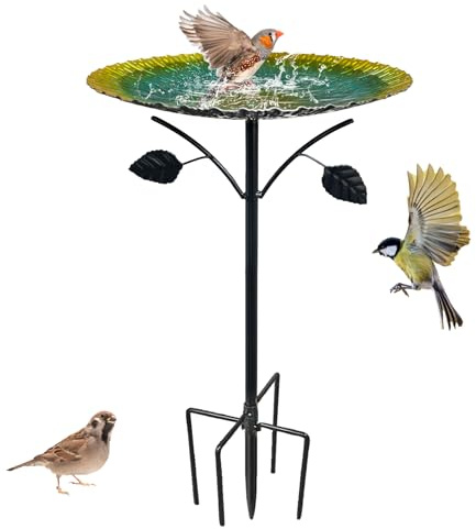 Vogeltränke Stehend, 85cm Vintage Metall Vogeltränke Winterfest, Vogelbad für Draußen Garten, 5-Zinken-Basis, Gartenstecker Vogeltränke Garten Frostsicher, Wassertränke für Vögel (Grün Schwarz)