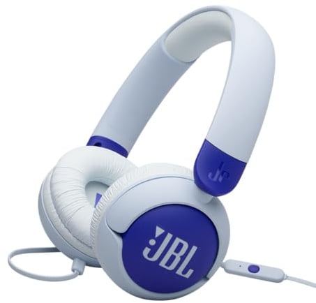 JBL Junior 320, On-Ear-Kopfhörer mit Kabel und eingebautem Mikrofon für Kinder, JBL Safe Sound, niedriger Lautstärke, 12 mm Soft Pad und Sticker-Set, tragbares Design, Blau