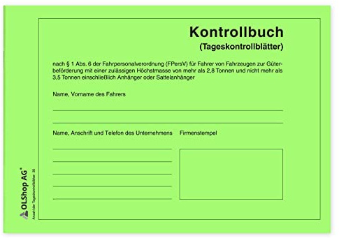 50 Persönliche Kontrollbücher DIN A5 quer, Tageskontrollblätter, Fahrtenkontrollbuch, Kontrollblätter, Persönliches Kontrollbuch, perforiert - Seiten einzeln heraustrennbar