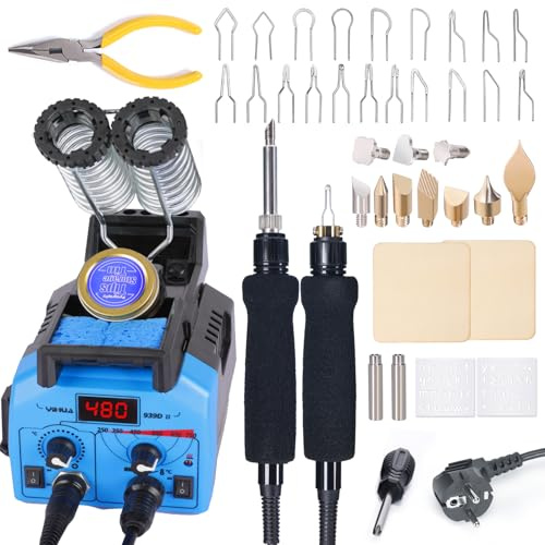 YIHUA 939D-II 2-IN-1 Brandmalerei-Set Holzbrennstation mit 2 Brandmalkolben-Stiften(Festspitze & Drahtspitze) mit 10 Festspitzen und 20 Drahtspitzen für Holzverbrennung(EU PLUG)