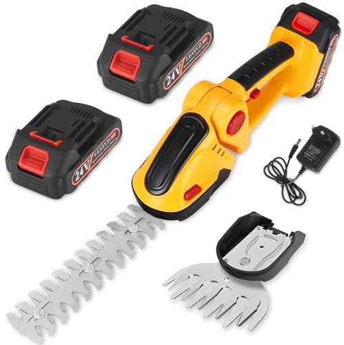 Akku Gras- und Strauchschere, 2-in-1 Handheckenschneider, 2 x 1500 mAh Akkus 24V, Messerlänge: 22 cm (Strauch) / 13,2 cm (Gras), Kabelloser Elektrischer Buschschneider für Garten und Rasen