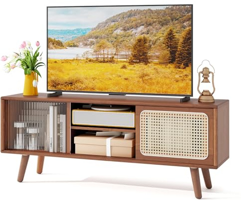 KOMFOTTEU Fernsehtisch TV-Schrank aus Bambus & Rattan, Fernsehschrank für TV bis zu 55/65 Zoll, TV Lowboard mit 2 Offene Trennwände & Glas Schiebetür, Fernseher Konsole (120,5x31x45,5 cm, Walnuss)