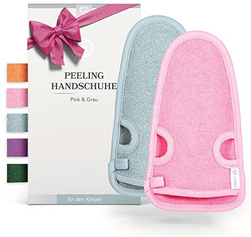 LoWell® Peelinghandschuh 2er Set – Hamam Handschuh für Körper & Gesicht – effektiver Peeling Handschuh zur Hautreinigung – inkl. Peeling Guide & 2 Saugnäpfe – Grau/Pink