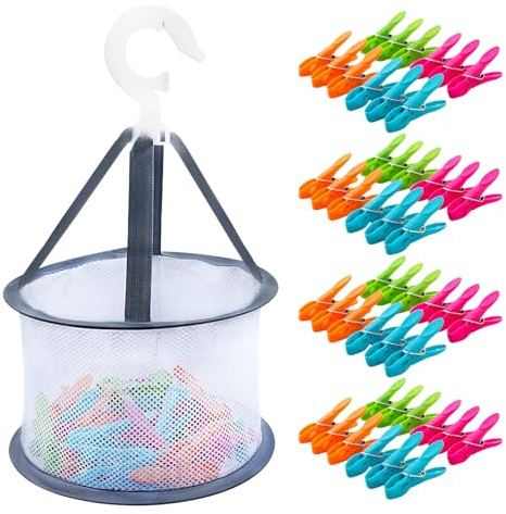 48 Stück Wäscheklammern mit Korb, Ultra Grip Windfeste Wäscheklammern Korb, Bunte Wäscheklammerns mit Beutel, Wäscheklammerns Ohne Abdruck, Wäscheklammer für Wäscheleinen und Kleiderbügel