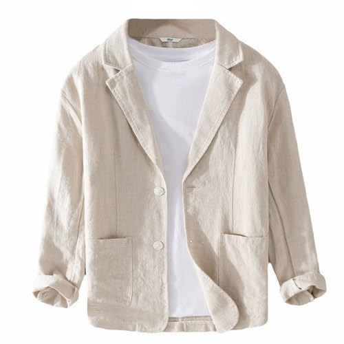 GIBZ Herren Leinen Blazer für Frühling Sommer Lockere | Vielseitige Einfache Anzugjacke Gekerbter 2 Knopf Anzug Sakko mit Tasche