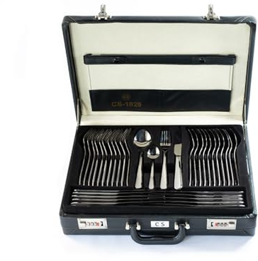 London 72-teiliges Besteckset im eleganten Koffer - Hochwertiger Edelstahl, Glänzend poliert, Inklusive Servierbesteck, Essbesteck mit Gabeln Messer Löffel Servierset