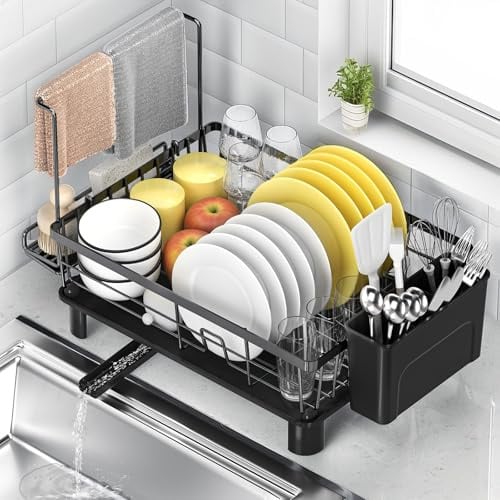 ViviDreamore Abtropfgestell Geschirr mit Besteckhalter & Handtuchstange, 360°Drehbarem Auslauf, Rostfreier Carbonstahl, Platzsparender Küchenorganizer für Teller Tassen Besteck Schwarz