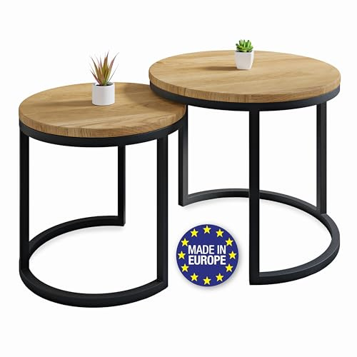 Lumarc Modena, Couchtisch 2er Set aus Massivholz Eiche und Stahl, Handgefertigt in Europa, Beistelltisch, Wohnzimmertisch, Coffee Table, Schwarz, Rund, Ø50x43 cm / Ø40x38 cm