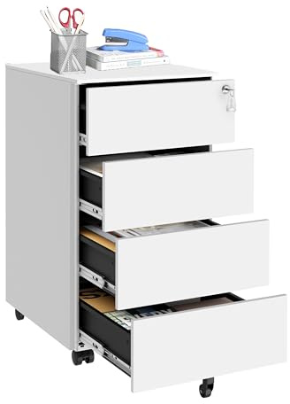 SONGMICS Schubladenschrank, Rollcontainer, mobiler Aktenschrank, Metallschrank, Druckertisch, abschließbar, 4 Schubladen, vormontiert, Büro, Homeoffice, 45 x 39 x 69 cm, wolkenweiß OFC064W14