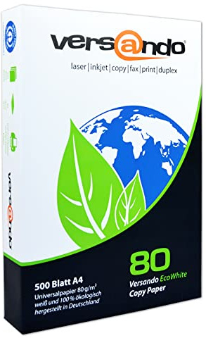 versando 500 Blatt Recyclingpapier DIN A4 EcoWhite 80g Kopierpapier | Druckerpapier Öko hohe Weiße ISO 90 - Blauer Engel zertifiziert - Umweltpapier