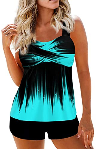 Generic Tankini Damen Bauchweg mit Shorts Tankinis für Damen Set Zweiteiler Badekleid Badekleid Push Up mit Bügel Strandmode Hawaii Strandmode Badehose Swimsuits for Women(Blau,S)