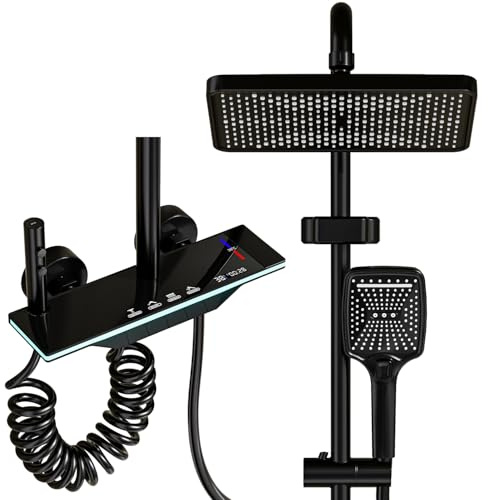 YJYAJIE Duscharmatur Komplettset Schwarz mit Thermostat & LED-Anzeige, 4-in-1 Regendusche mit Armatur 31x20cm, Handbrause, Klaviertasten-Steuerung & Wasserfall-Wannenauslauf