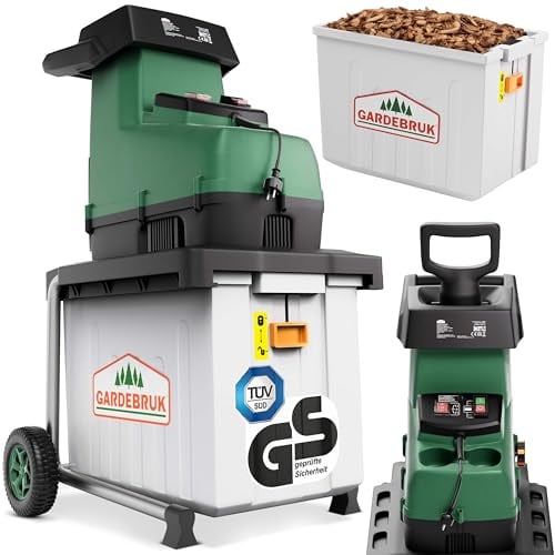 GARDEBRUK® Leisehäcksler 3100W | Elektrisch, max 45mm Aststärke, TÜV SÜD GS, 60L Auffangbox, Walzenhäcksler, Schredder, Garten, Wald, Holz
