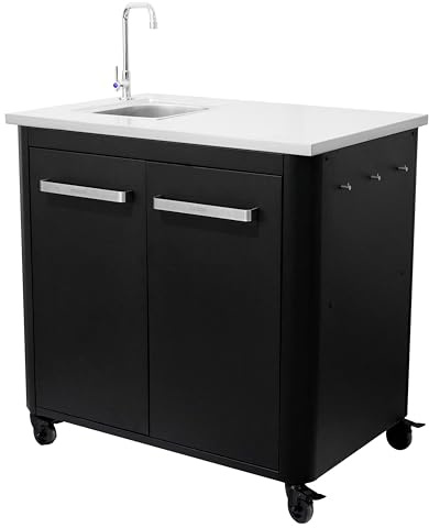 cozze® Outdoor-Küchentisch mit Spüle und Wasserhahn – Erweiterbar, Edelstahlplatte, inkl. Abfallsackhalter, 100kg Traglast, Ø75mm Räder – Perfekt für Grillmeister, Schwarz