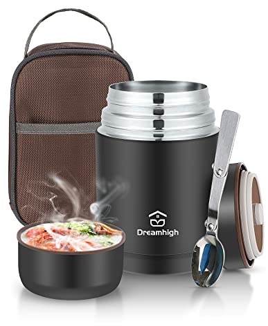 Dreamhigh® Thermobehälter für Essen 800 ml, Edelstahl Warmhaltebehälter Speisegefäß für Essen, Thermoskanne Essen Auslaufsicher, inkl. Löffel, 12 Stunden Heiß, 12 Stunden Kalt
