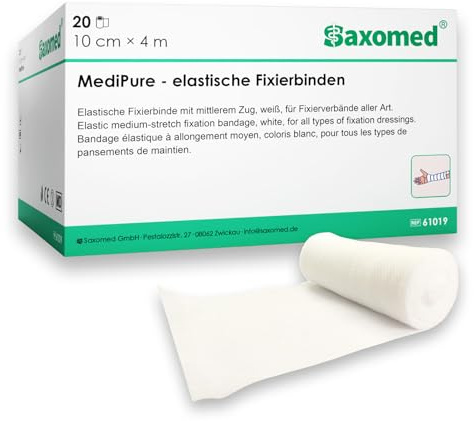 Saxomed Mullbinden 10cm x 4m 20 Stück elastische Fixierbinden – Verbandsmaterial Binde – dehnbarer Binden Verband