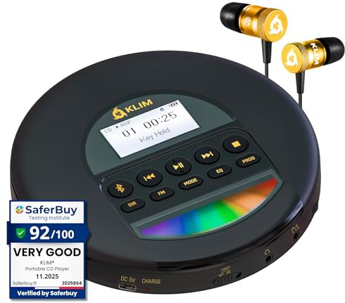 KLIM Nomad CD Player Bluetooth - Tragbarer CD-Player Discman mit langlebigem Akku - Inklusive Kopfhörer - CD-R, CD-RW, MP3 - Mit TF-Reader, Radio FM - Ideal für Autos - Or