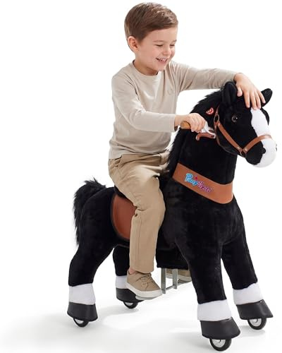 PonyCycle® Modell U Pferd zum Reiten | Schwarz | 4-7 Jahre | mit Bremse | Reitpferd auf Rollen für Kinder, beweglicher Sattel, Handbremse & Sound, leise Räder, Indoor & Outdoor, Größe 4