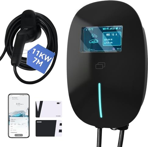 Fullwatt EV Ladegerät Typ 2 11 kW, Wallbox Ladestation mit APP und RFID, 3-Phasig 7M 6-16A, mit LCD und Ladegerätehalter, IP54, für Alle EVs und PHEVs, Schwarz