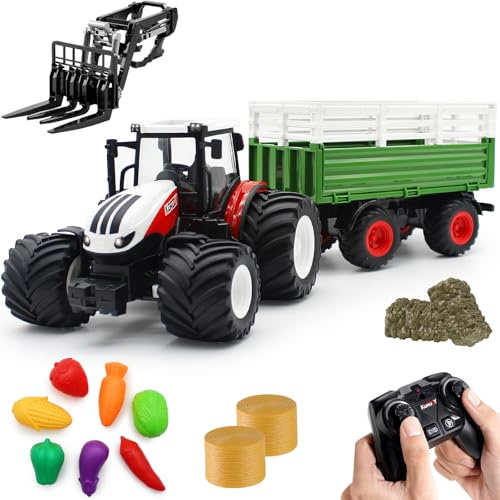 Fisca Ferngesteuerter Traktor Spielzeug RC Bauernhof Set mit Anhänger Frontgabelstapler, 1/24 Maßstab Bauernhof Fahrzeug mit Licht für Kinder
