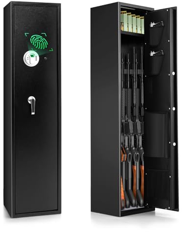 COSTWAY Waffenschrank für 5 Gewehre, Waffentresor verstellbar mit Elektronikschloss, Fingerabdruck, Munitionsschrank aus Stahl mit Pistolenfächern, Taschen, Langwaffenschrank für Pistolen, Munition