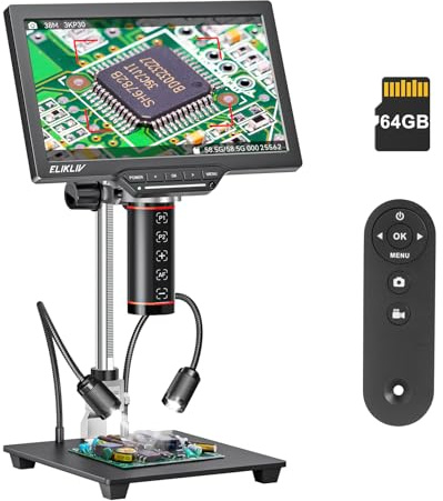 Elikliv EM3K-AF Max Autofokus Digital Mikroskop 2000X, 3K 10.1'' Münzmikroskop für Gesamtansicht,HDMI Mikroskop, Lötmikroskop für Elektronikreparaturen, 10-inch Ständer, 64 GB