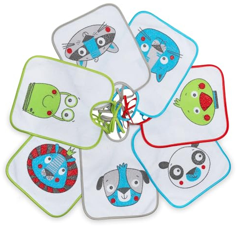 Ti TIN Packung mit 7 wasserdichten Babylätzchen, 23x27 cm | Lätzchen mit Bandverschluss für Babys von 6 bis 18 Monaten, 73% Baumwolle - 27% Polyester-Vinyl-Futter, Packung mit 7 verschiedenen Tieren