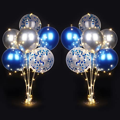 AUAUY 2 Stück Tisch Ballon Stand Kit, Wiederverwendbar Ballonständer, Luftballons Ständer Halter mit 16 und Lichtern für Geburtstag Partydekorationen, Hochzeitsdekorationen, Feste Partys, Blau