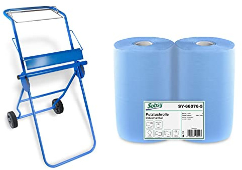 2 x blaue saugstarke Papierrolle mit Bodenständer inkl. Müllsackhalterung |1000 Blatt, 37 x 36 cm, perforiert | Fahrbarer Putzrollenhalter für Werkstatt, Industrie und Garage (37 x 36, centimeters)