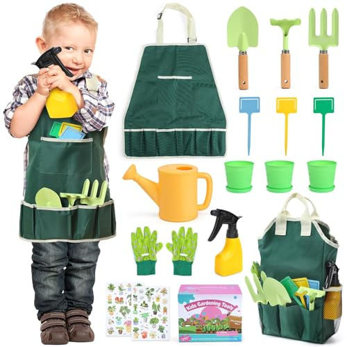 cute stone Kinder Gartengeräte Set, Gartenwerkzeug Kinder Mit Schaufel, Harke, Gießkanne, Gartentasche, Handschuhe, Schürze, DIY-Aufkleber, Out/Indoor Spielzeug Geschenk für Jungen Mädchen(Grün)