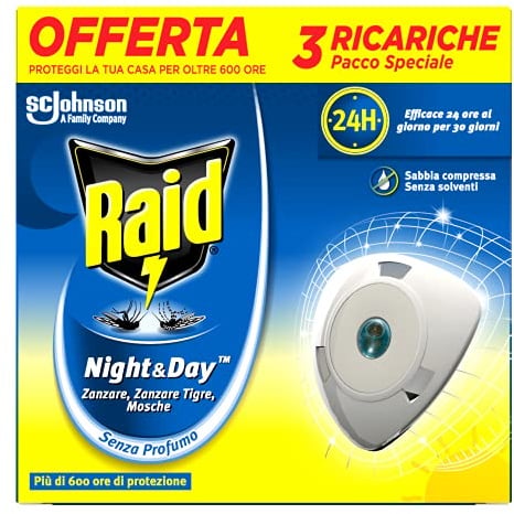 Raid Night & Day Nachfüllpackung, elektrischer Mückenschutz, geruchlos, sandfrei, Packung mit 3 Nachfüllpackungen