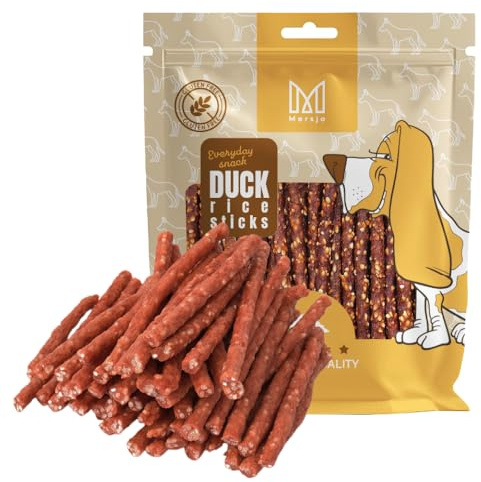 MERSJO Hundeleckerli - 83% Hoher Fleischanteil, Keine Zusatzstoffe, Getreide- und Zuckerfrei, Leckereien für Hunde zur täglichen Ergänzung, Natürliche Kauhilfe, Ente und Reis Kabanos, 500g