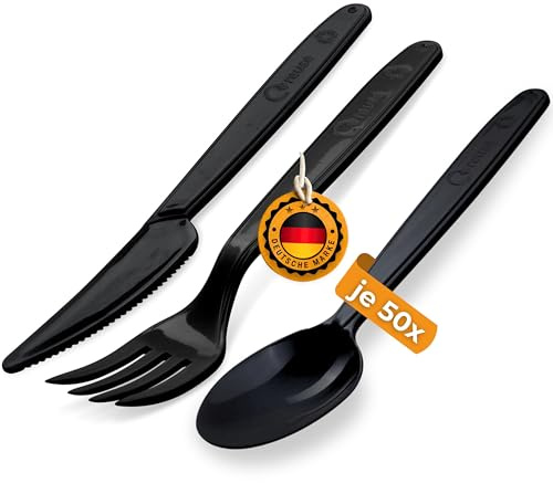 LogiPack GeRo 50er Set Wiederverwendbares Plastikbesteck schwarz | MEHRWEG Campingbesteck | PREMIUM Reisebesteck | robustes Outdoor Besteck (Löffel/Messer/Gabel - 50 Stk.)